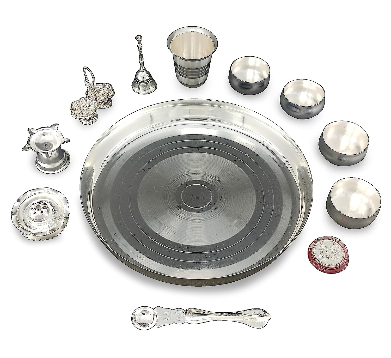 BENGALEN All in One Silver Plated Pooja Thali Set 10 Inch with Accessories Daily Puja Decorative Item for Diwali Home Mandir Office Wedding Return Gift Items