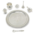 BENGALEN Pooja Thali Set Silver Plated with Gift Box Designed Puja Plate 22 CM Kalash Bowl Ghanti Spoon Dhup Dan Diya for Home Office Diwali Wedding Return Gift Items