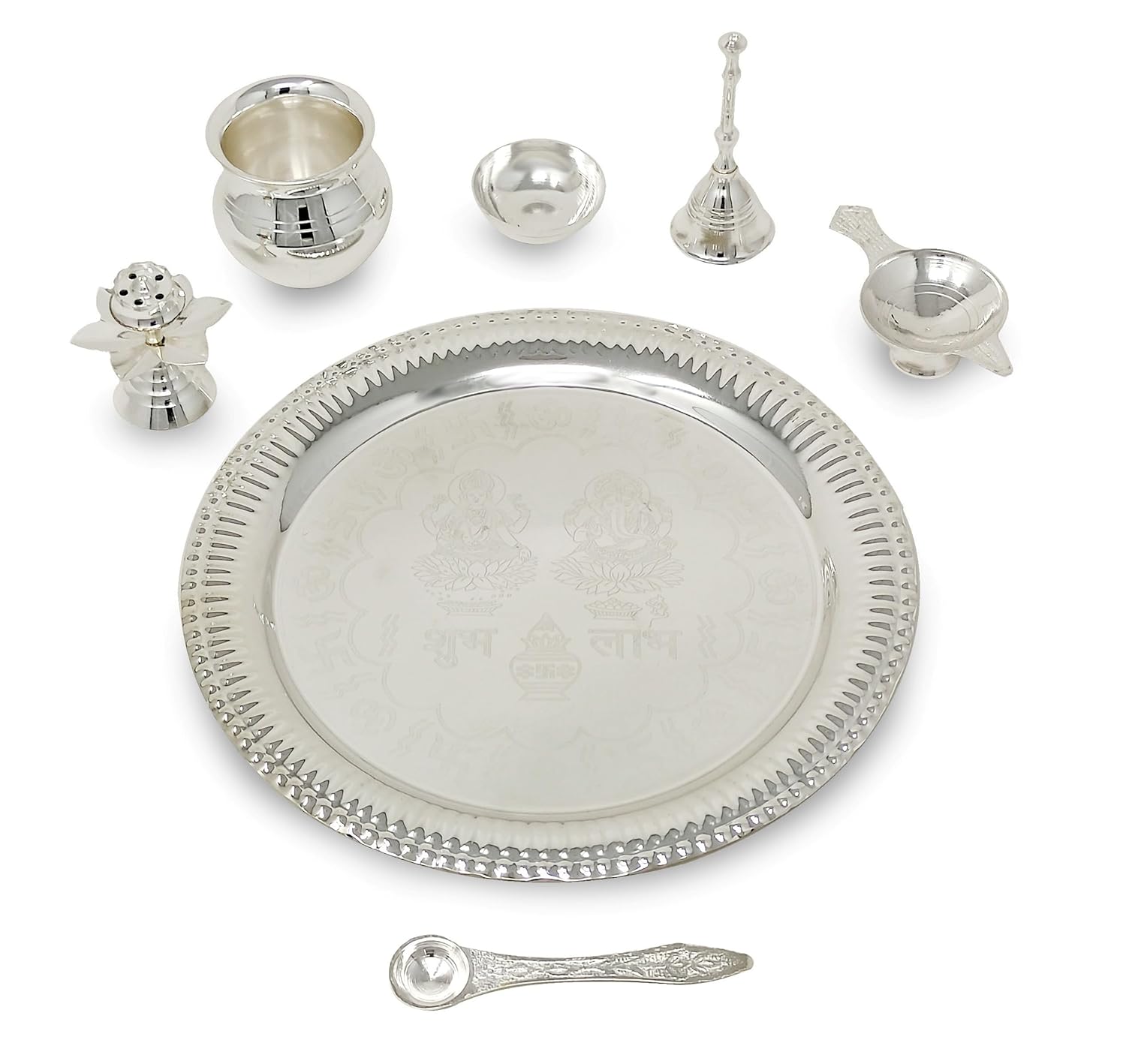 BENGALEN Pooja Thali Set Silver Plated with Gift Box Designed Puja Plate 22 CM Kalash Bowl Ghanti Spoon Dhup Dan Diya for Home Office Diwali Wedding Return Gift Items