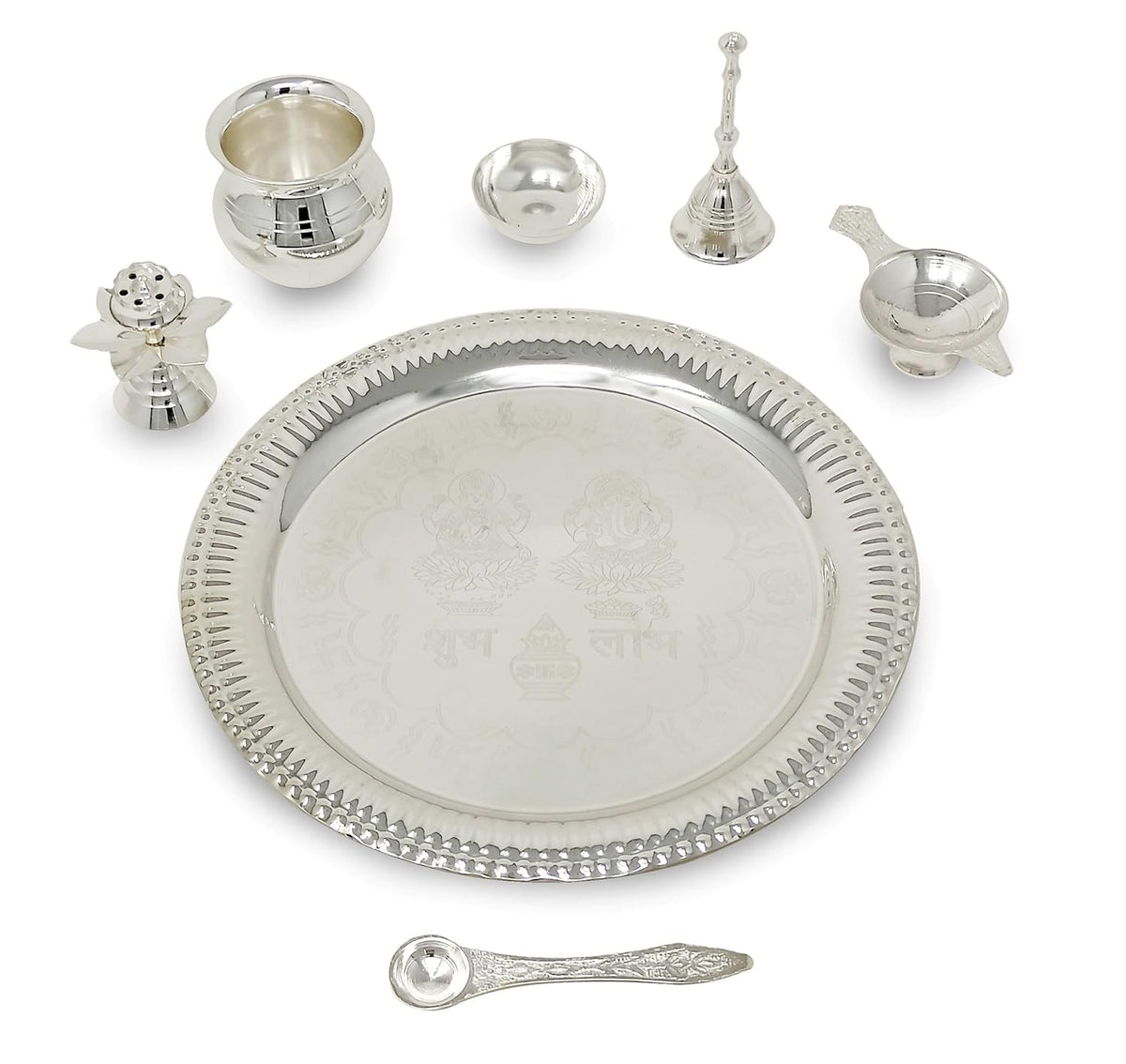 BENGALEN Pooja Thali Set Silver Plated with Gift Box Designed Puja Plate 22 CM Kalash Bowl Ghanti Spoon Dhup Dan Diya for Home Office Diwali Wedding Return Gift Items
