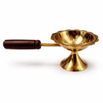 Brass Dhupiya Diya with Wooden Handle for Puja