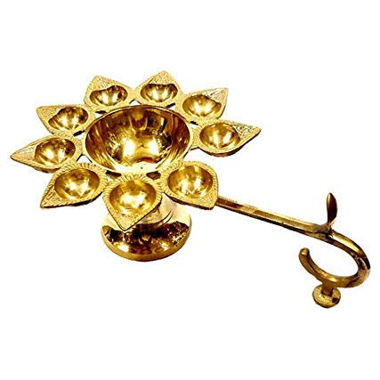 9 Diya Aarti Lamp with Handle Traditional Pooja Deepam Multi-Wick Oil Lamp for Temple, Diwali & Religious Ceremonies