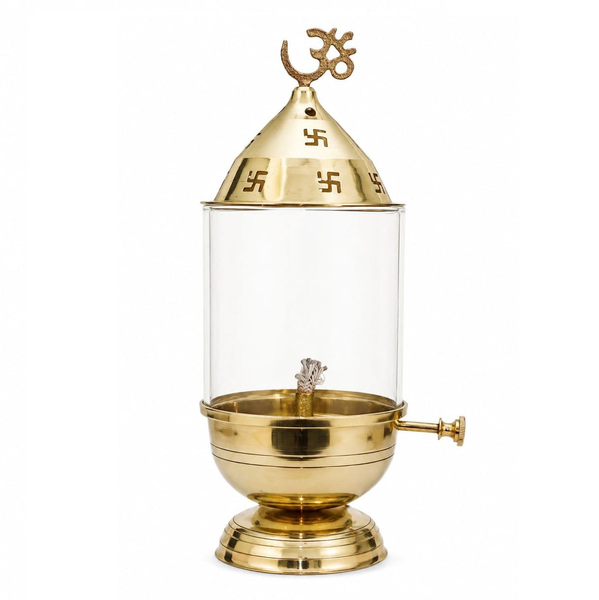 Brass Akhand Diya with Glass Cover, Om and Swastik Design