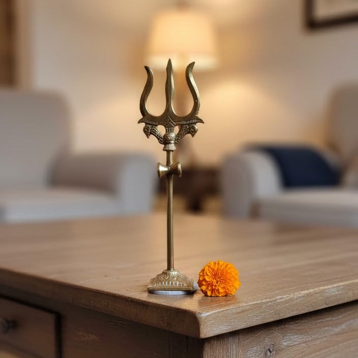 Trishul Golden Brass Handcrafted Trishul with Damru Statue for Pooja Mandir Home Temple