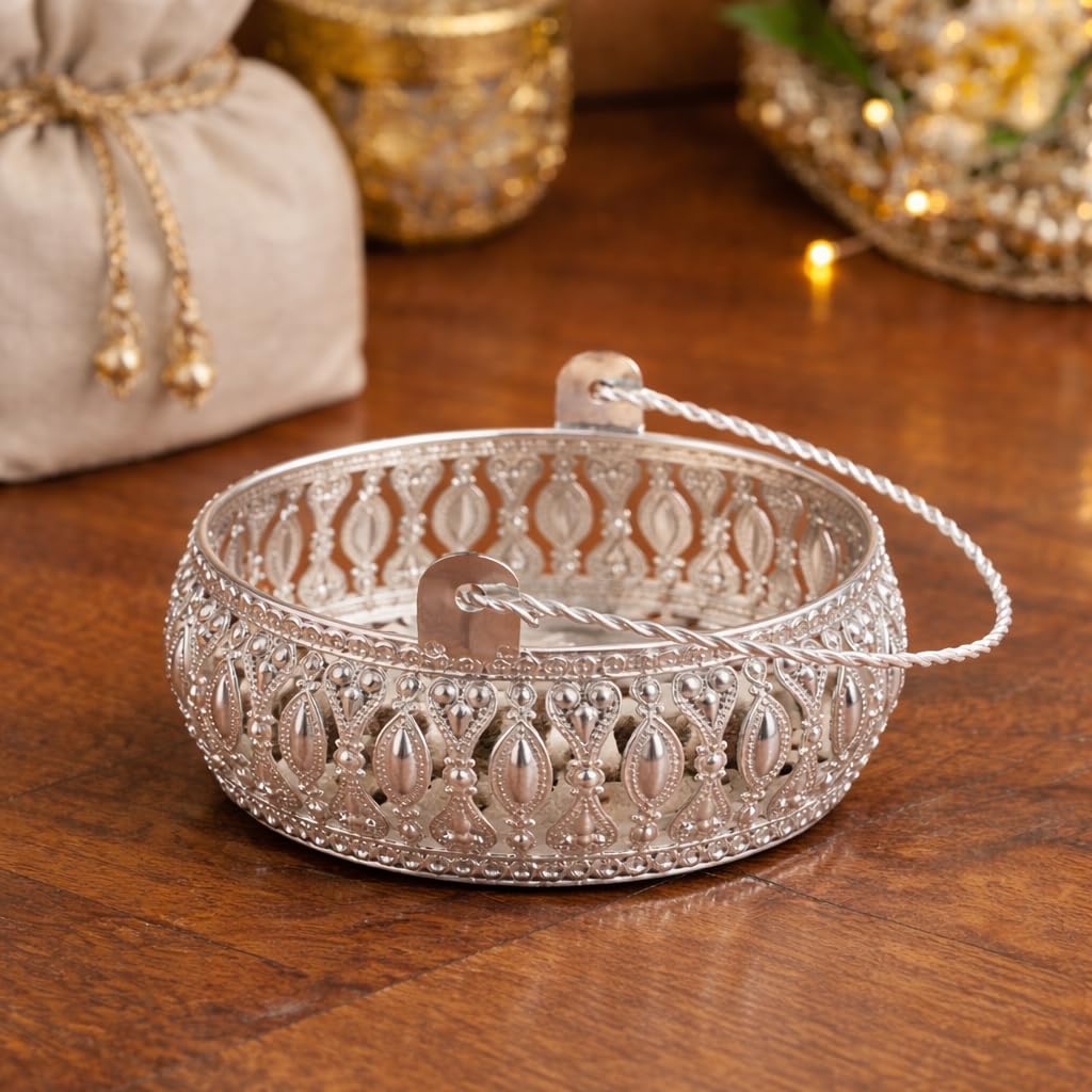 Silver Basket German Silver Metal Basket Premium Return Gift Hamper Basket for Dry Fruits