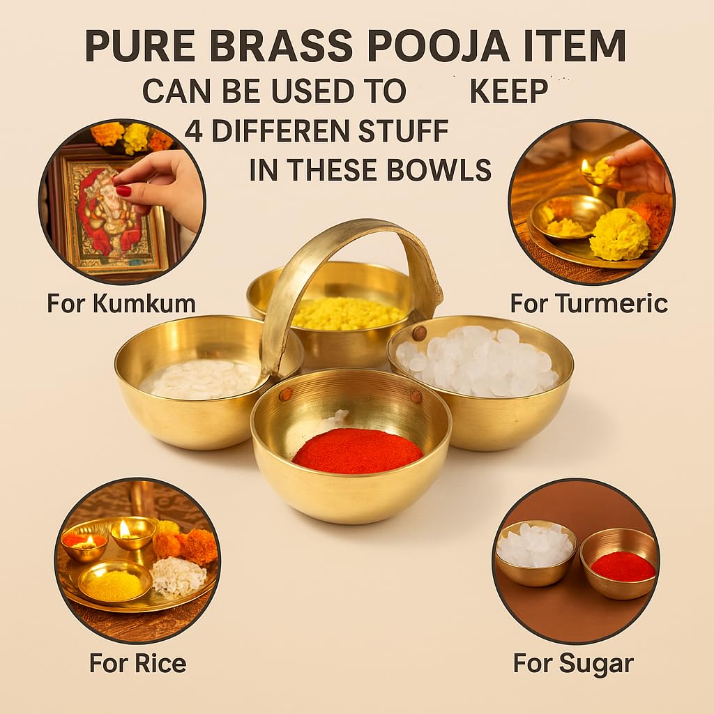 BENGALEN Handmade Brass Puja Chowmukh Chopala Bowl Stand For Haldi, Kumkum, Rice, Elaichi, Mishri, Roli (Gold) (2.5 Inch), 50 Ml