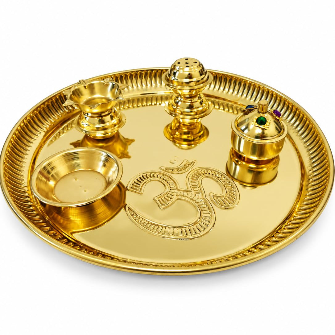 Puja Thali Special Brass Pooja Thali Set with Om Design Pital Puja Aarti Plate with Diya