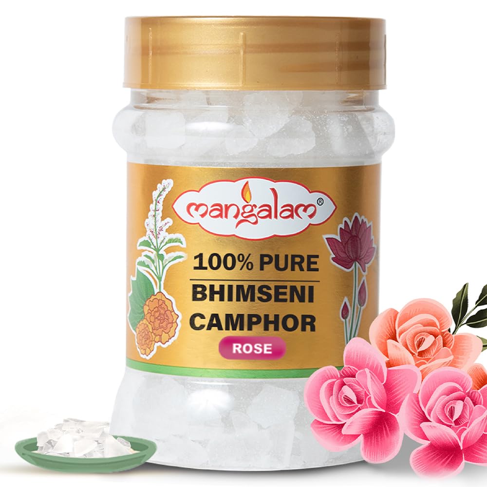 Bhimseni Camphor 100g Rose 100% Pure for Puja, Aromatherapy & Air Freshener Sweet Fragrance