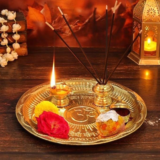 Puja Thali Light Weight Pooja Plate Thali Diya, Katori Bowl, Sindoor-Chawal Box, Incense Sticks Stand