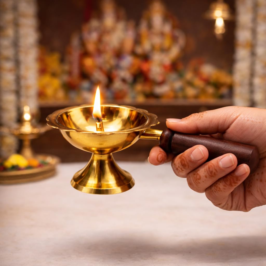 Brass Dhupiya Diya with Wooden Handle for Puja