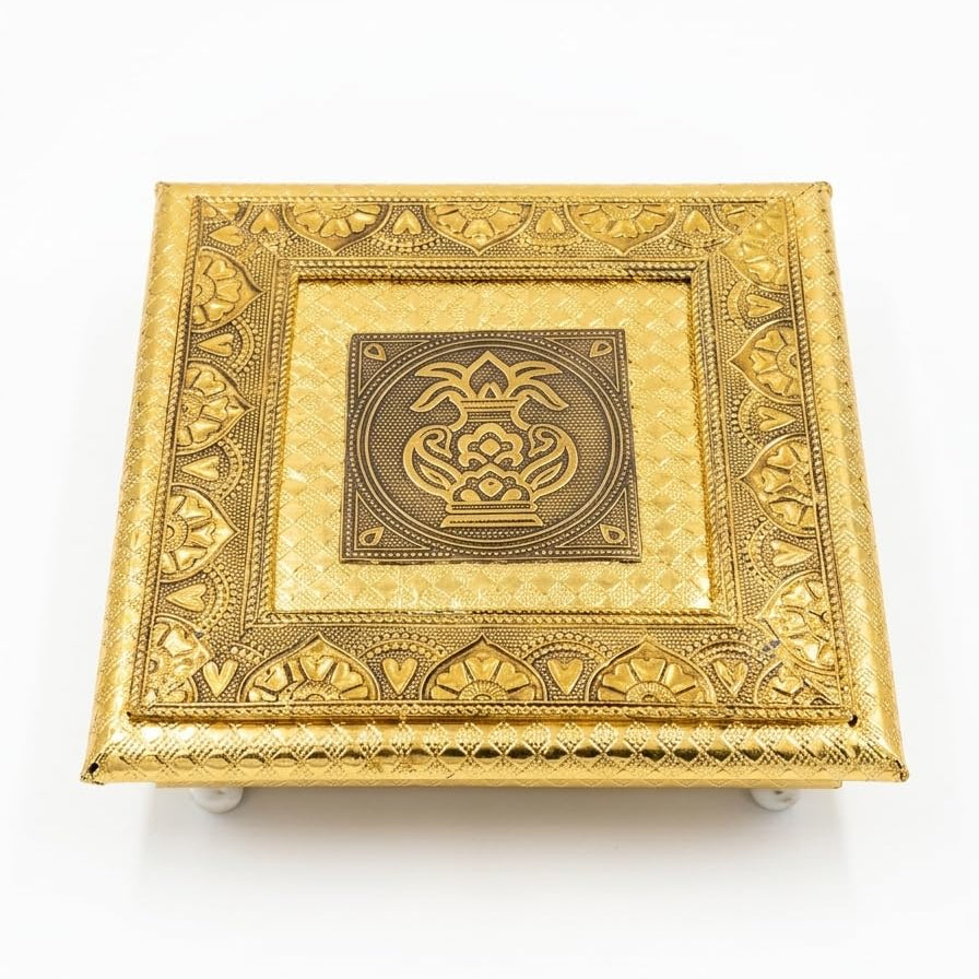 Chowki Golden 8" Sinhasan with Kalash Design Wooden Chowki