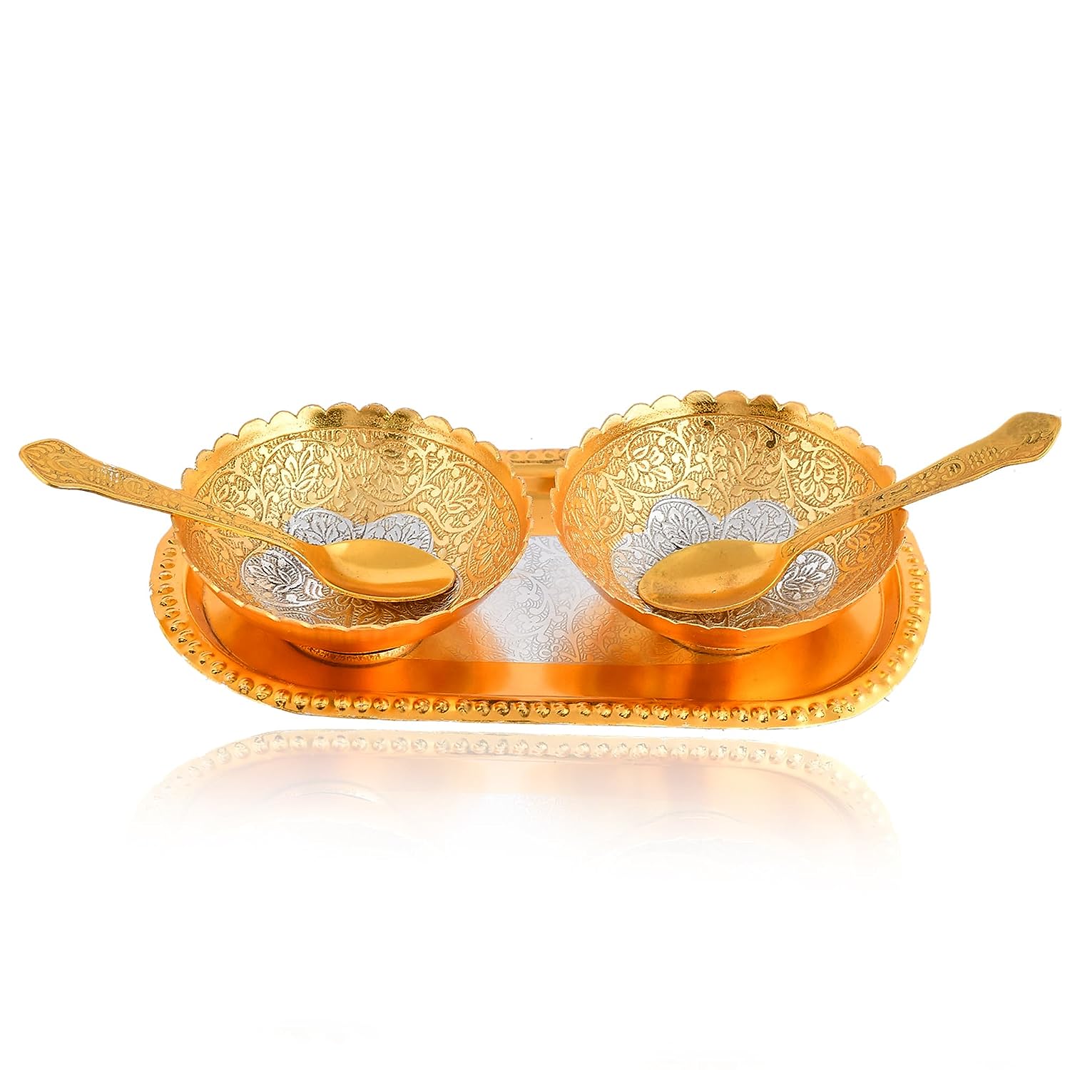 BENGALEN Gold & Silver Plated Bowl Spoon Tray Set Dessert Dry Fruits Serving Diwali Christmas Eid Wedding Return Gifts Friends Family Home Decoration Housewarming Corporate Gift Items (Gold Plated)