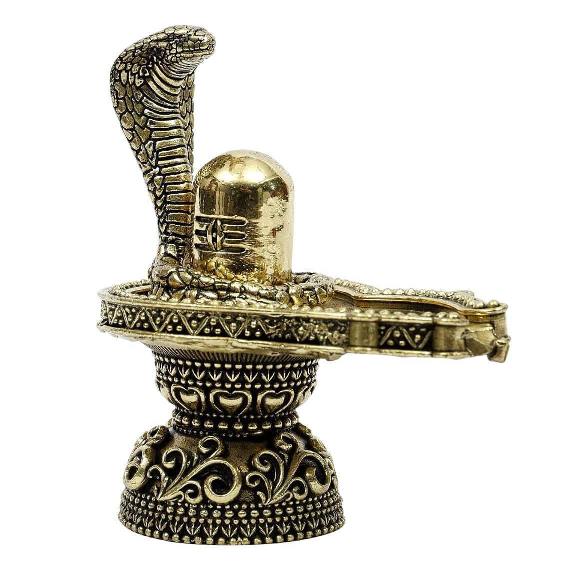 Shiva Lingam Brass Statue with Vasuki Serpent and Wood Base for Puja Mandir Room, Home Decor