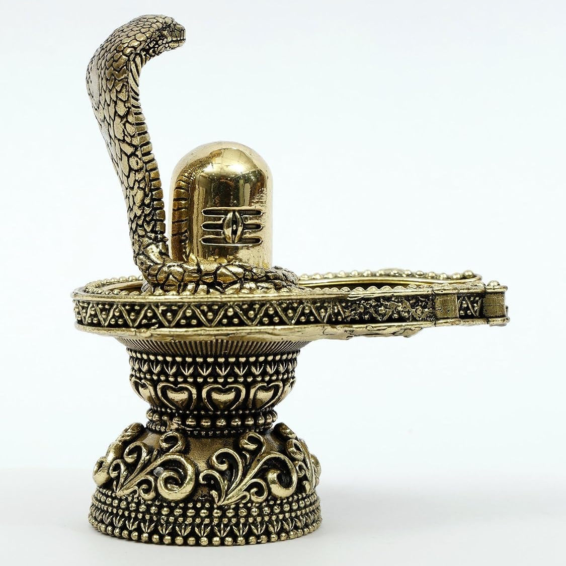 Shiva Lingam Brass Statue with Vasuki Serpent and Wood Base for Puja Mandir Room, Home Decor