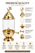 Brass Akhand Diya with Glass Cover, Om and Swastik Design