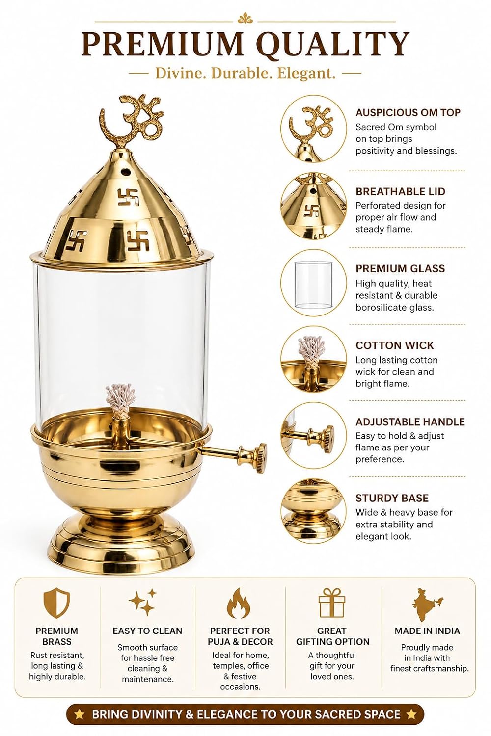 Brass Akhand Diya with Glass Cover, Om and Swastik Design