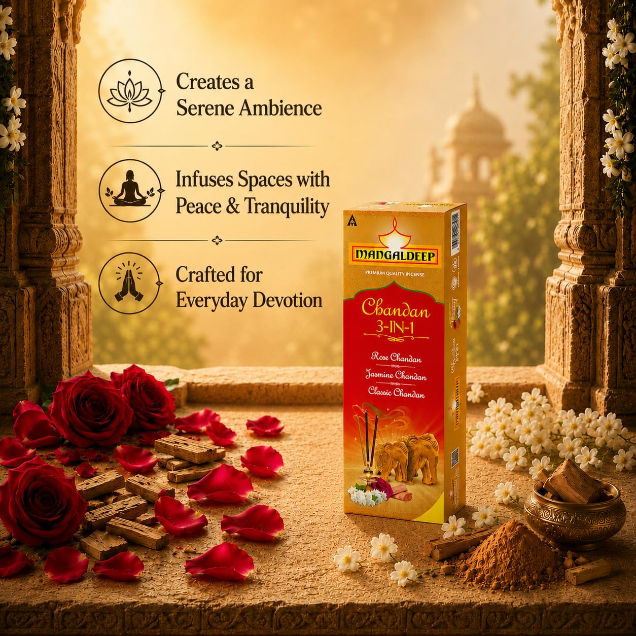 Mangaldeep 3in1 Agarbatti Soothing Fragrances of Classic Chandan Rose & Jasmine