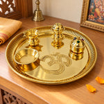 Puja Thali Special Brass Pooja Thali Set with Om Design Pital Puja Aarti Plate with Diya