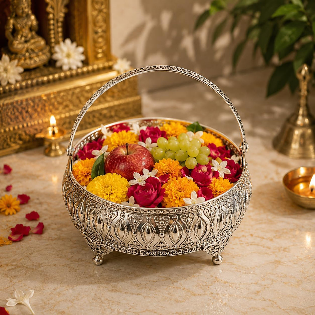 Silver Basket German Silver Metal Basket Premium Return Gift Hamper Basket for Dry Fruits
