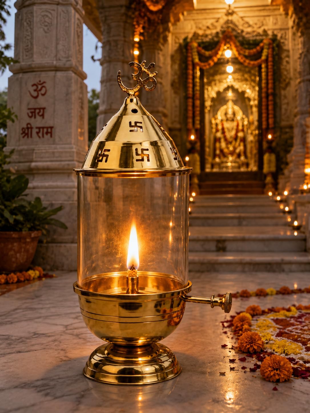 Brass Akhand Diya with Glass Cover, Om and Swastik Design