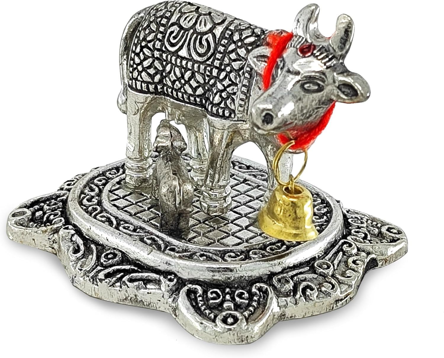 BENGALEN Small Kamdhenu Cow with Calf Silver Plated Statue Decorative Diwali Gift Items Showpiece for Home Office Decoration Item Family Friends Relative Return Gifts