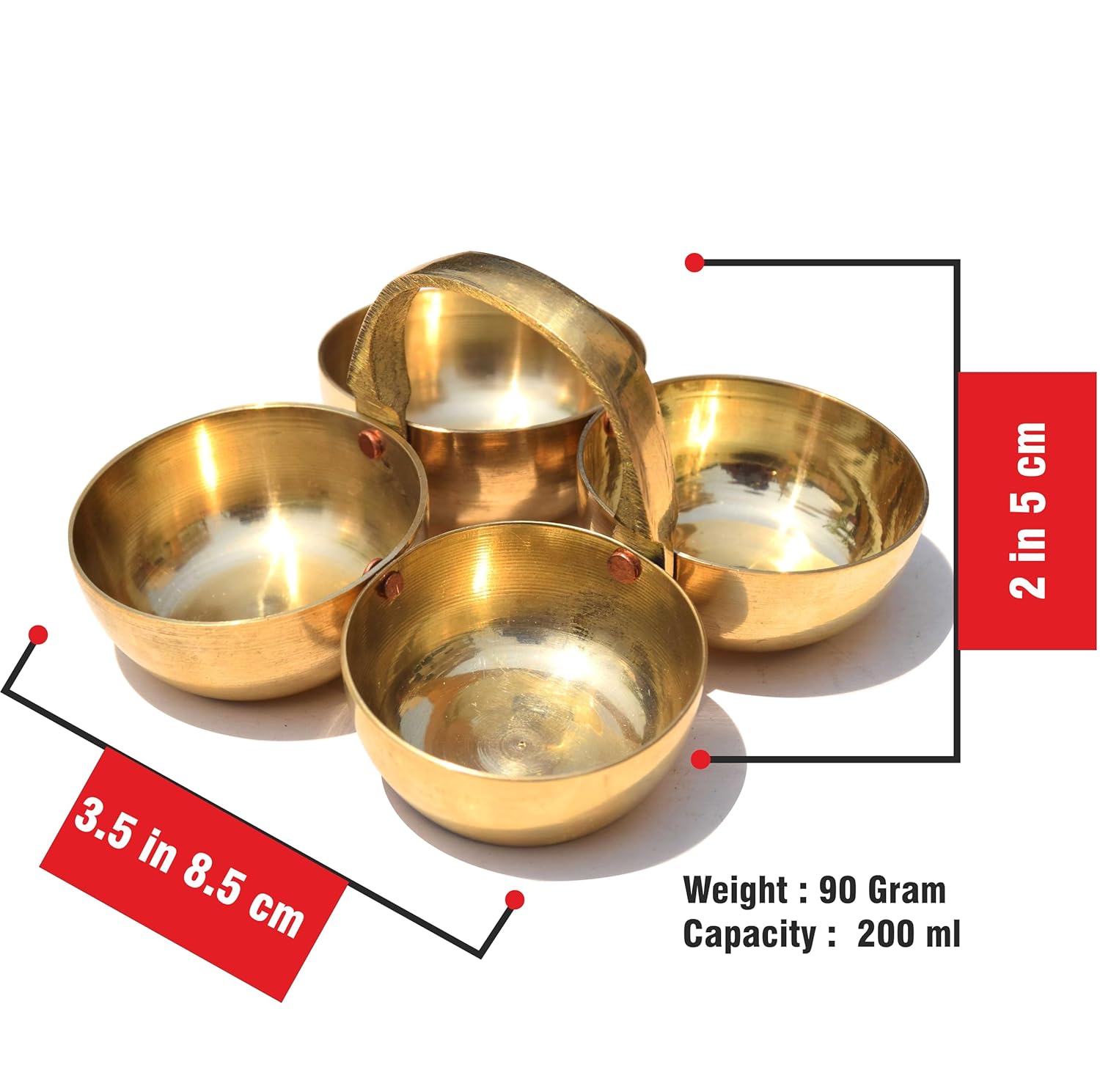 BENGALEN Handmade Brass Puja Chowmukh Chopala Bowl Stand For Haldi, Kumkum, Rice, Elaichi, Mishri, Roli (Gold) (2.5 Inch), 50 Ml