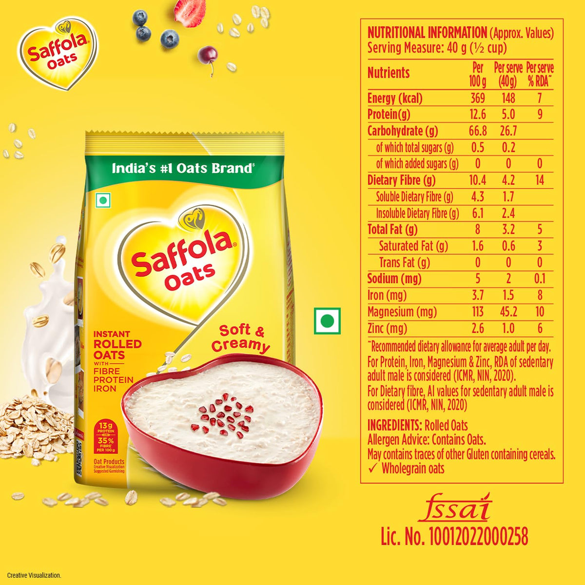 Oats 1Kg High Protein 10g High Fibre Instant Rolled Oats Soft and Creamy