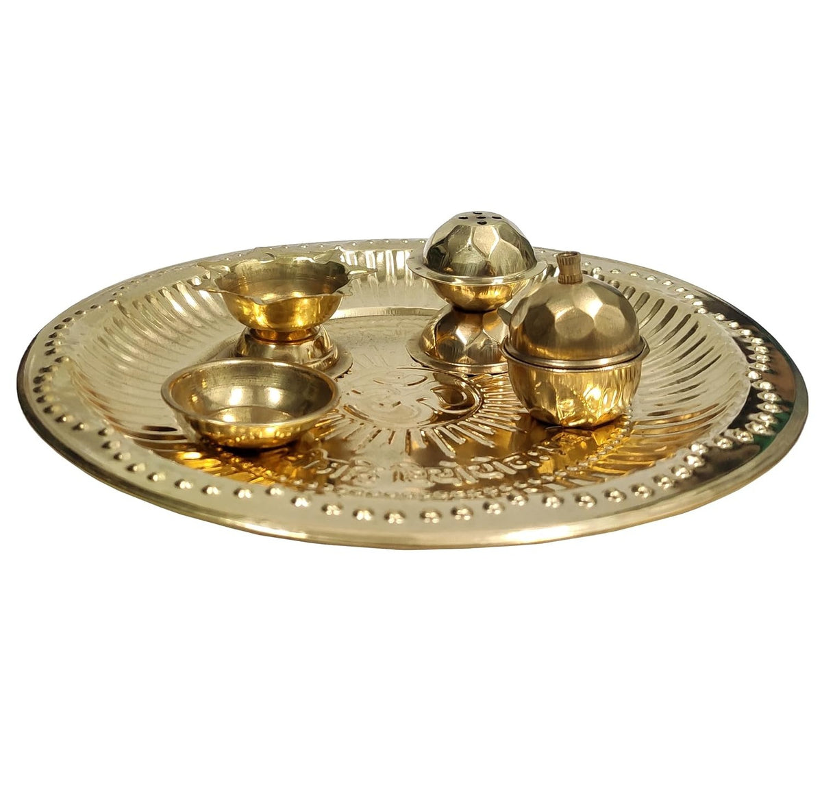 Puja Thali Light Weight Pooja Plate Thali Diya, Katori Bowl, Sindoor-Chawal Box, Incense Sticks Stand