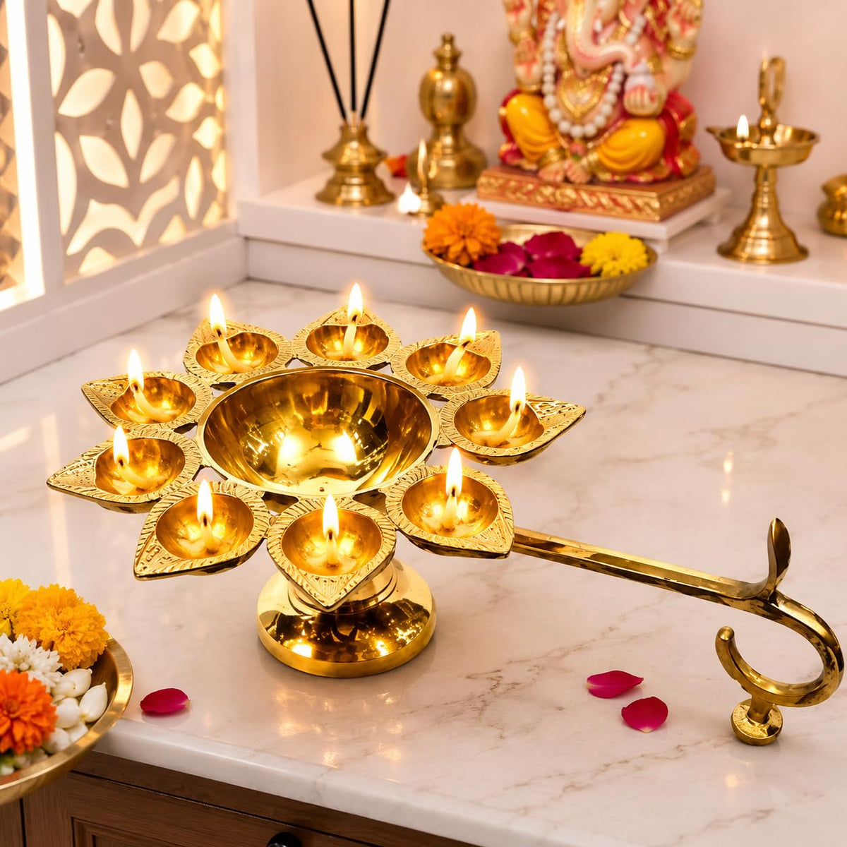 9 Diya Aarti Lamp with Handle Traditional Pooja Deepam Multi-Wick Oil Lamp for Temple, Diwali & Religious Ceremonies