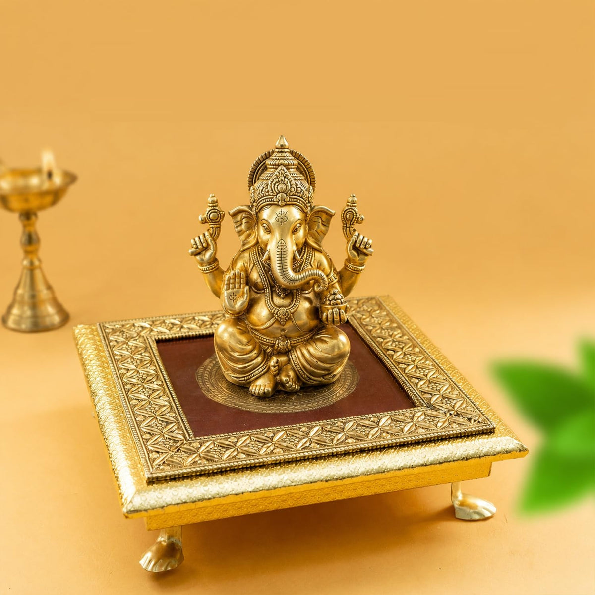 Chowki Velvet Kalash Bajot 8" Wooden Pooja Chowki for Idol Home