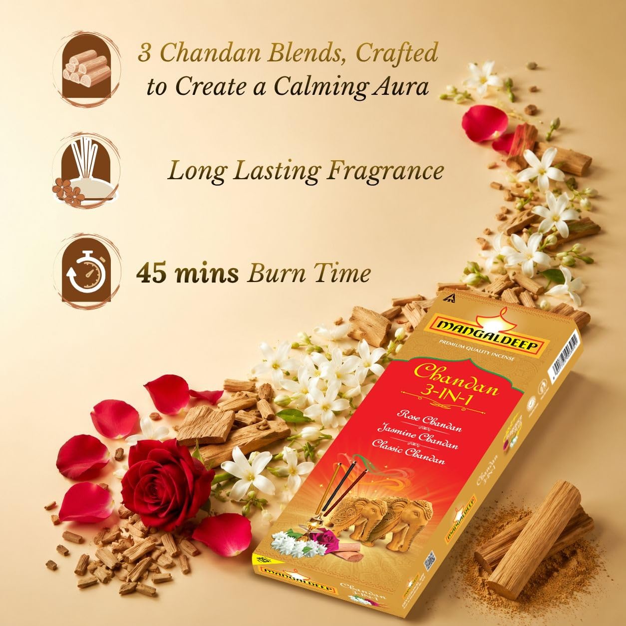 Mangaldeep 3in1 Agarbatti Soothing Fragrances of Classic Chandan Rose & Jasmine