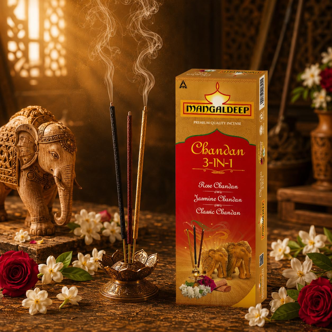 Mangaldeep 3in1 Agarbatti Soothing Fragrances of Classic Chandan Rose & Jasmine