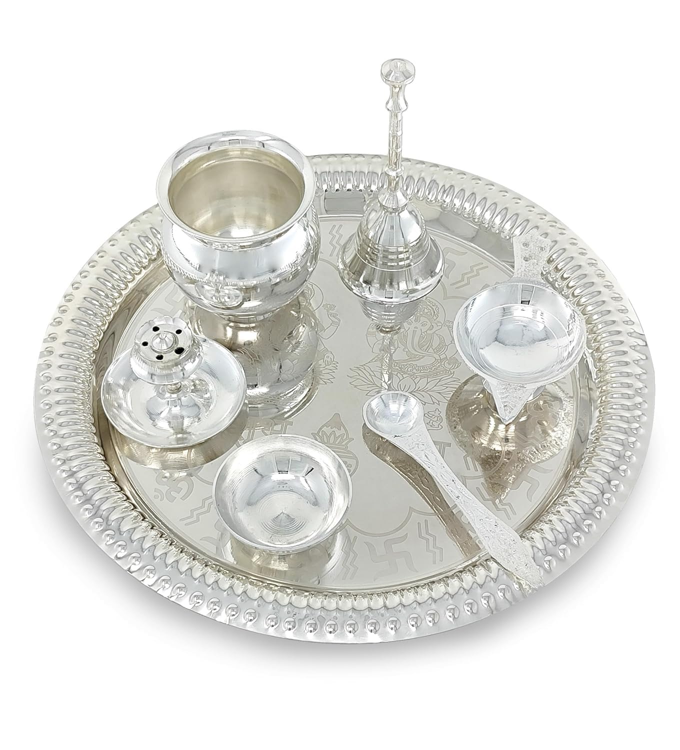BENGALEN Pooja Thali Set Silver Plated with Gift Box 22 cm Designed Puja Plate Kalash Bowl Ghanti Spoon Dhup Dan Diya for Home Office Diwali Wedding Return Gift Items