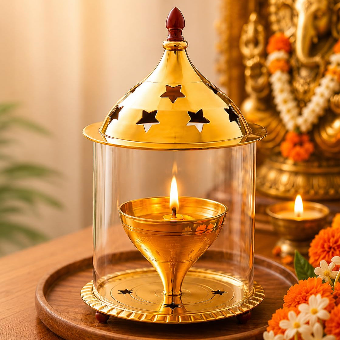 Brass Akhand Diya with Borosilicate Glass Cover