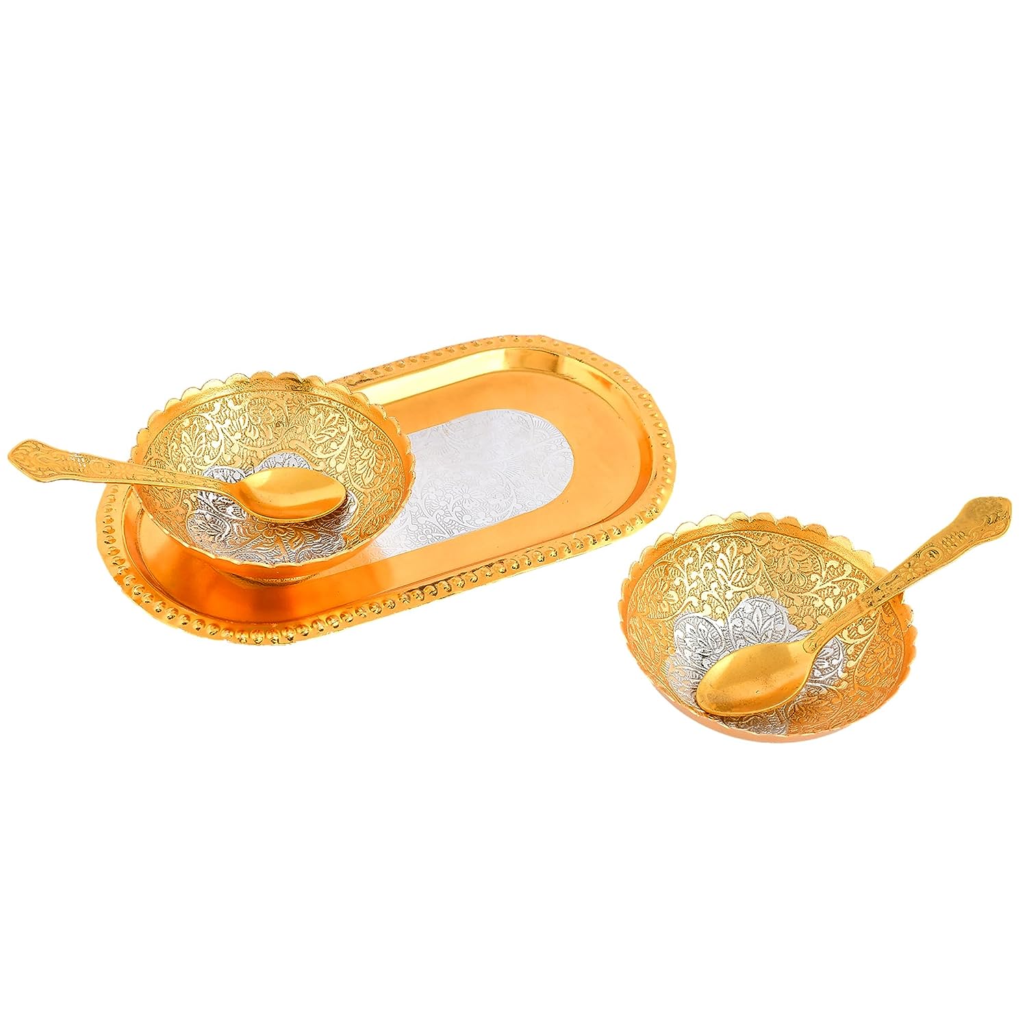 BENGALEN Gold & Silver Plated Bowl Spoon Tray Set Dessert Dry Fruits Serving Diwali Christmas Eid Wedding Return Gifts Friends Family Home Decoration Housewarming Corporate Gift Items (Gold Plated)