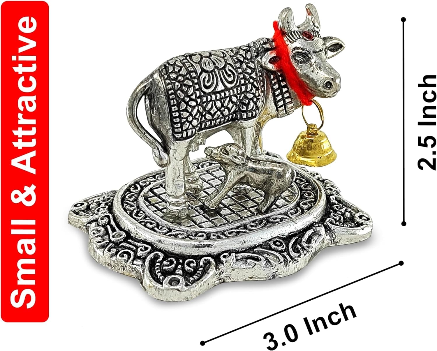 BENGALEN Small Kamdhenu Cow with Calf Silver Plated Statue Decorative Diwali Gift Items Showpiece for Home Office Decoration Item Family Friends Relative Return Gifts