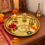 Puja Thali Special Brass Pooja Thali Set with Om Design Pital Puja Aarti Plate with Diya