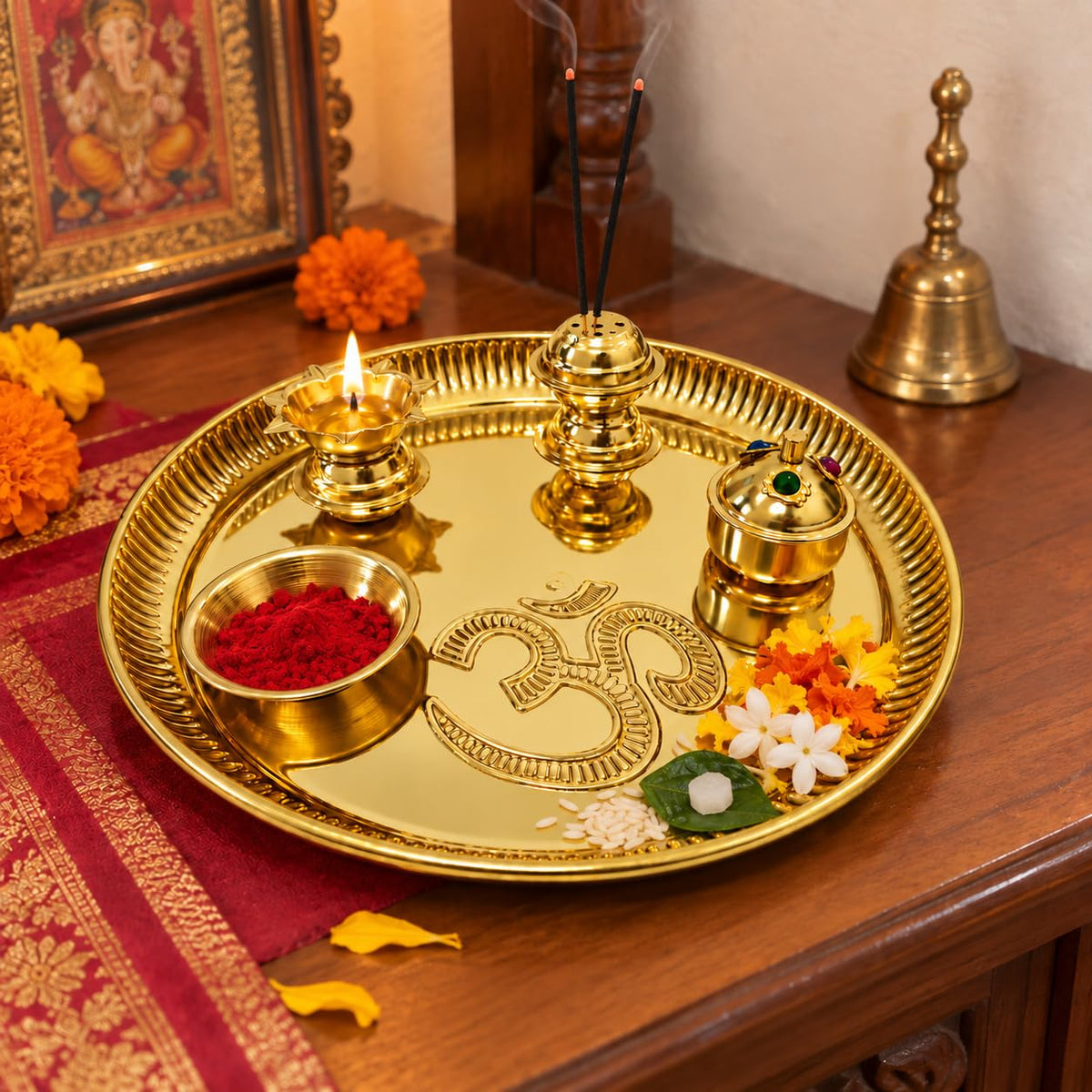 Puja Thali Special Brass Pooja Thali Set with Om Design Pital Puja Aarti Plate with Diya