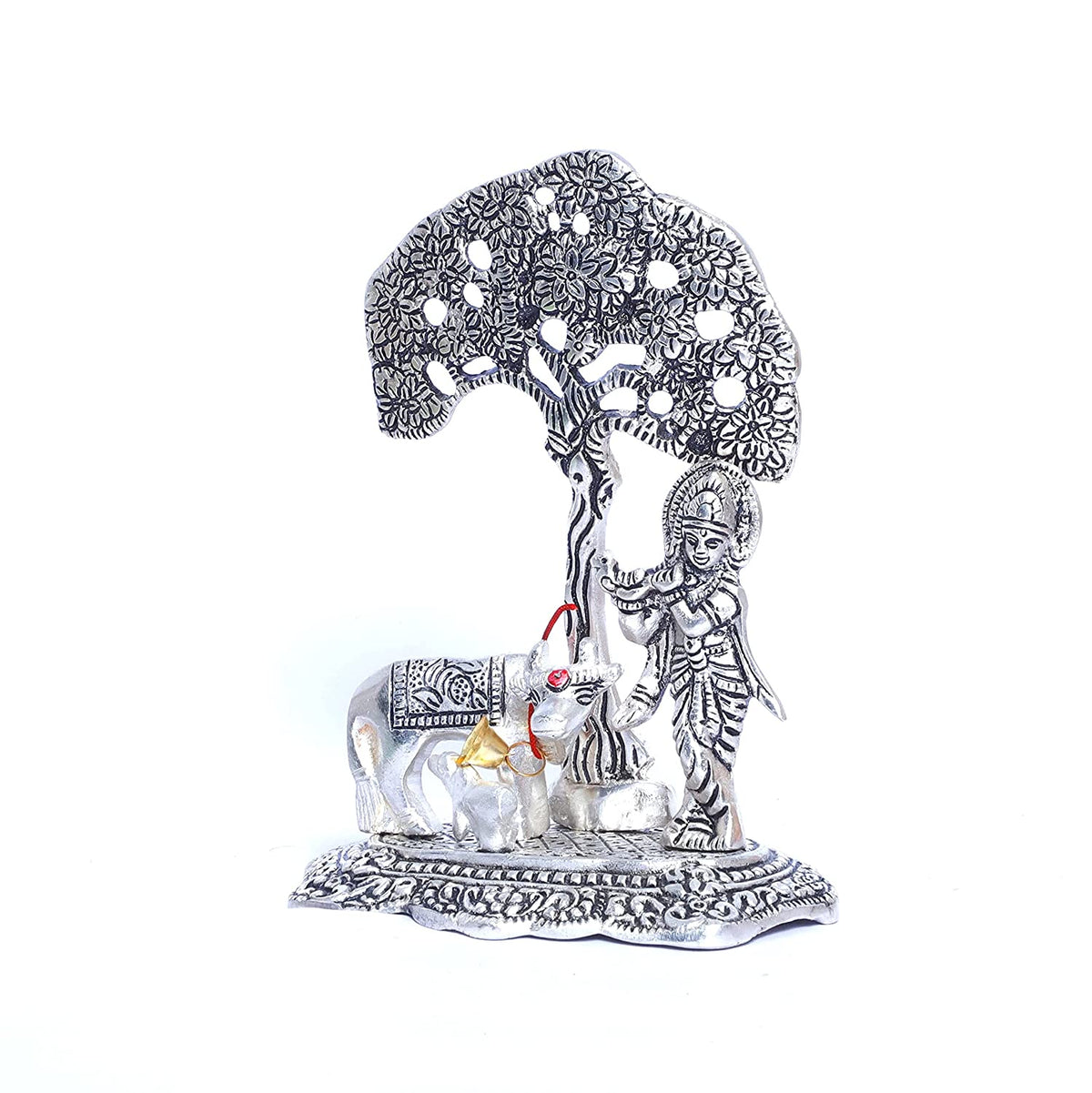 Krishna with cow and calf under tree silver