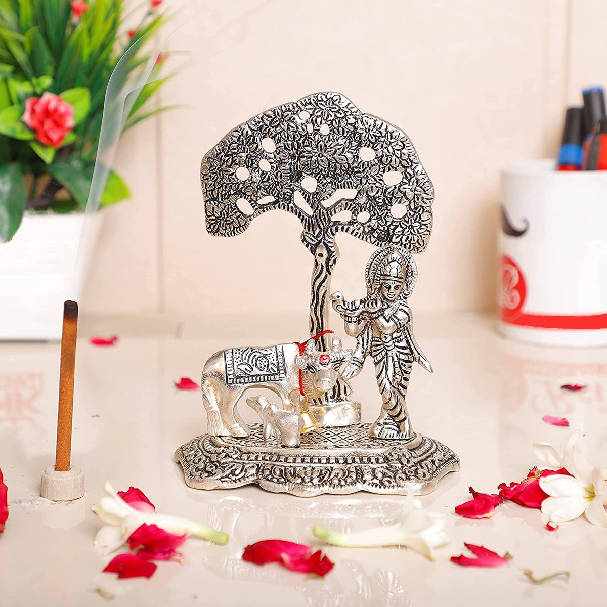 Krishna with cow and calf under tree silver