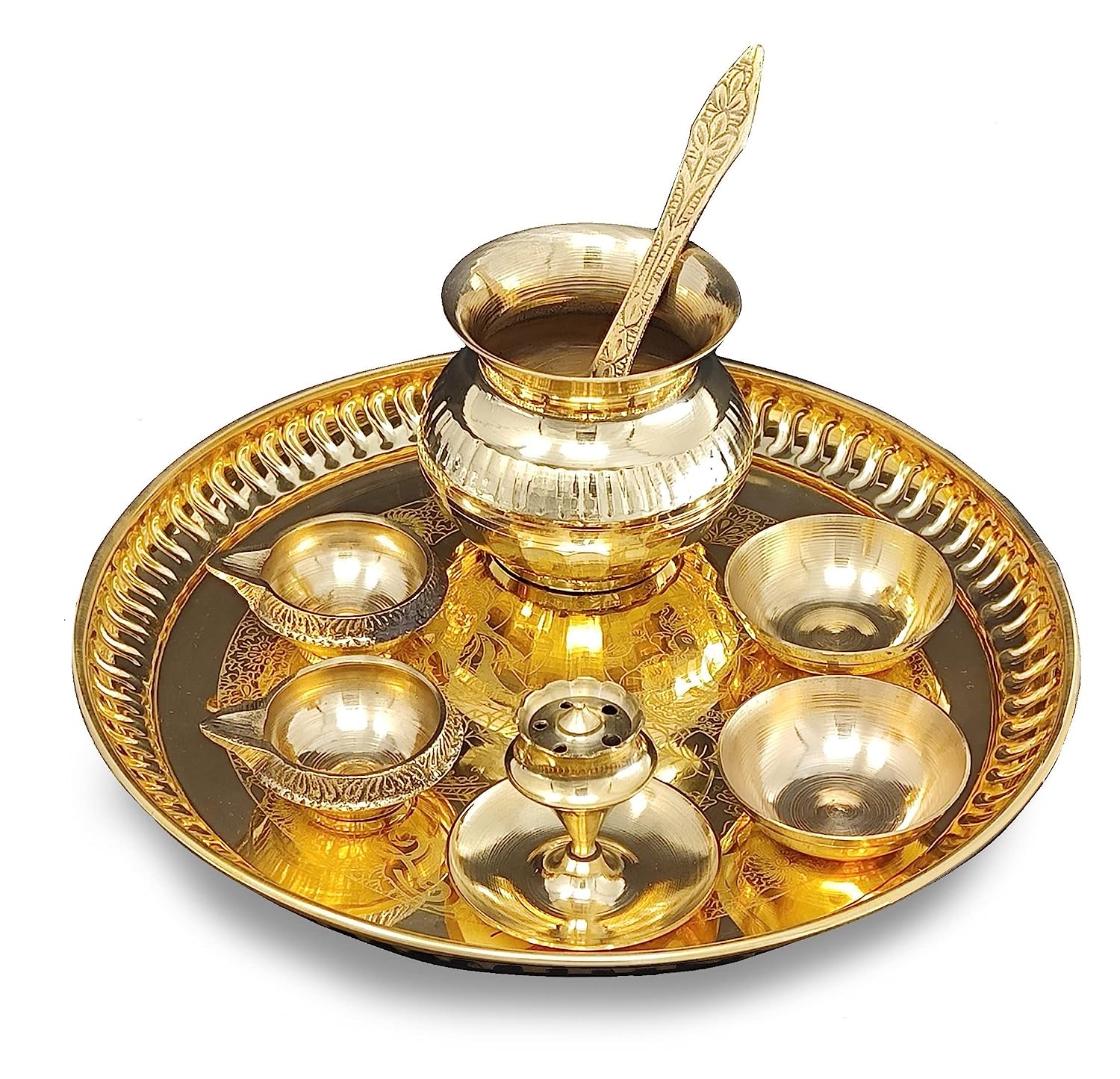 BENGALEN Brass Pooja Thali Set 8 Inch with Pital Plate Kalash Spoon Kuber Diya Bowls Dhub Dan Puja Thali for Diwali Home Office Mandir Wedding Return Gift Items