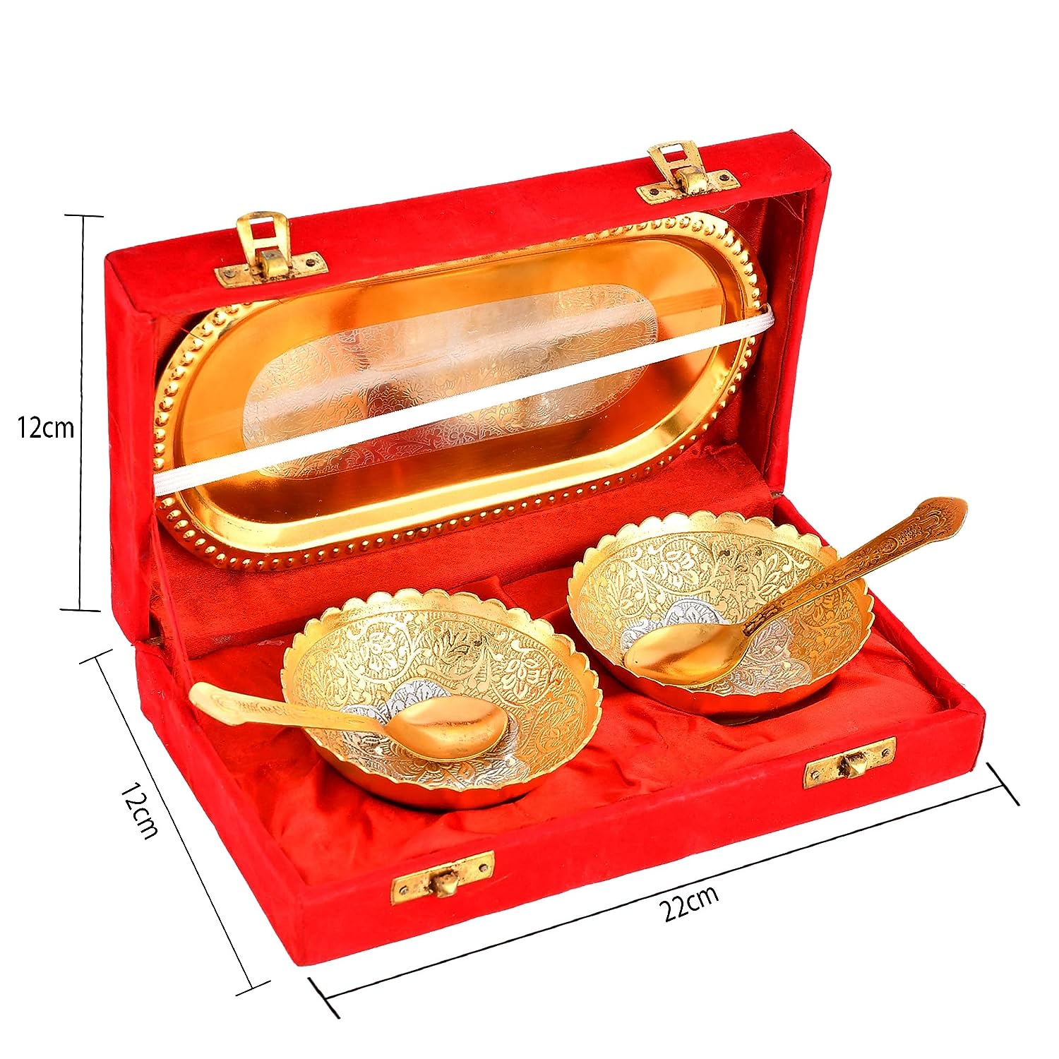 BENGALEN Gold & Silver Plated Bowl Spoon Tray Set Dessert Dry Fruits Serving Diwali Christmas Eid Wedding Return Gifts Friends Family Home Decoration Housewarming Corporate Gift Items (Gold Plated)