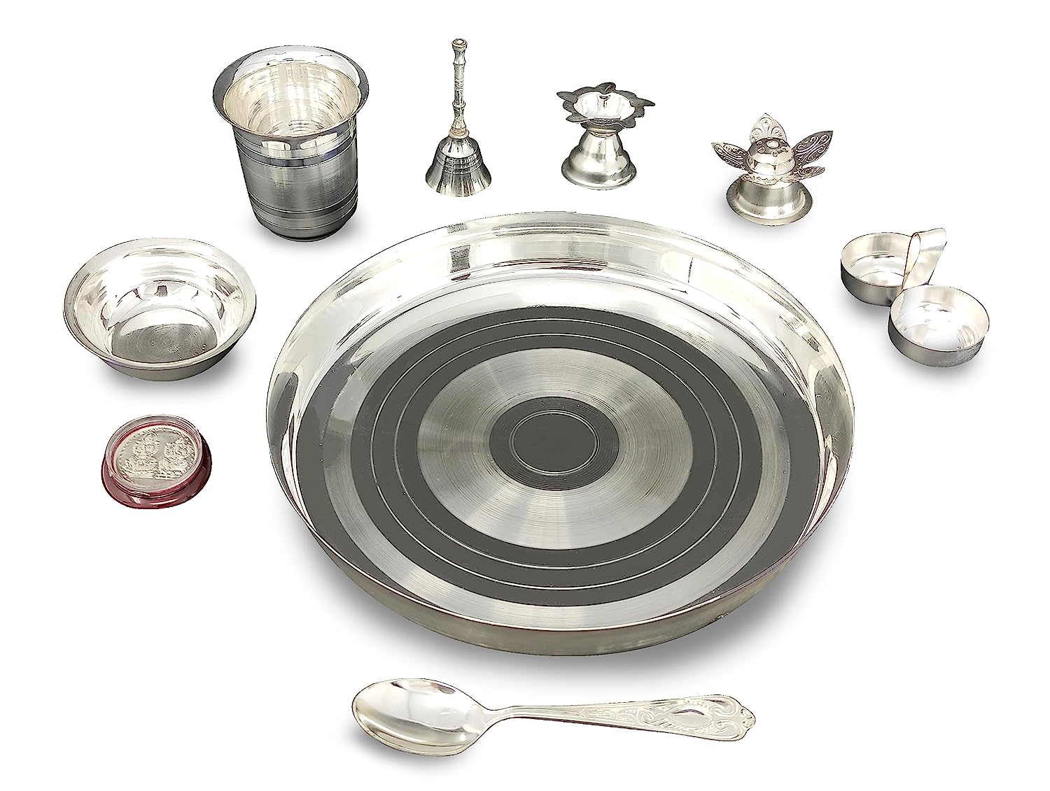 BENGALEN Silver Plated Pooja thali Set 9 Inch with Plate Bowl Agarbatti Stand Diya Kumkum Holder Coin Puja Thali for Home Mandir Office Wedding Return Diwali Gift Items