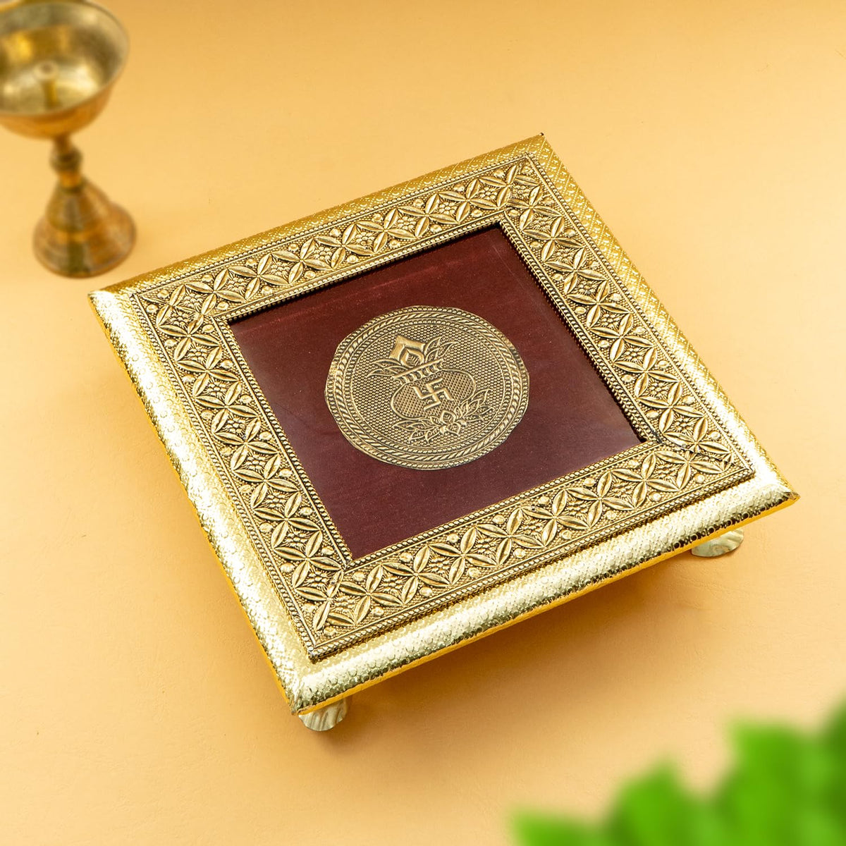 Chowki Velvet Kalash Bajot 8" Wooden Pooja Chowki for Idol Home