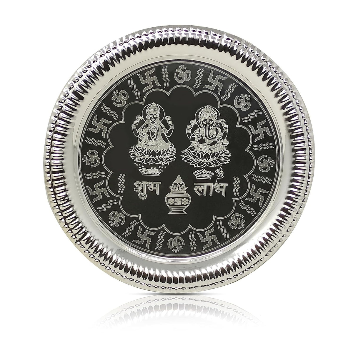 BENGALEN Pooja Thali Set Silver Plated with Gift Box 22 cm Designed Puja Plate Kalash Bowl Ghanti Spoon Dhup Dan Diya for Home Office Diwali Wedding Return Gift Items