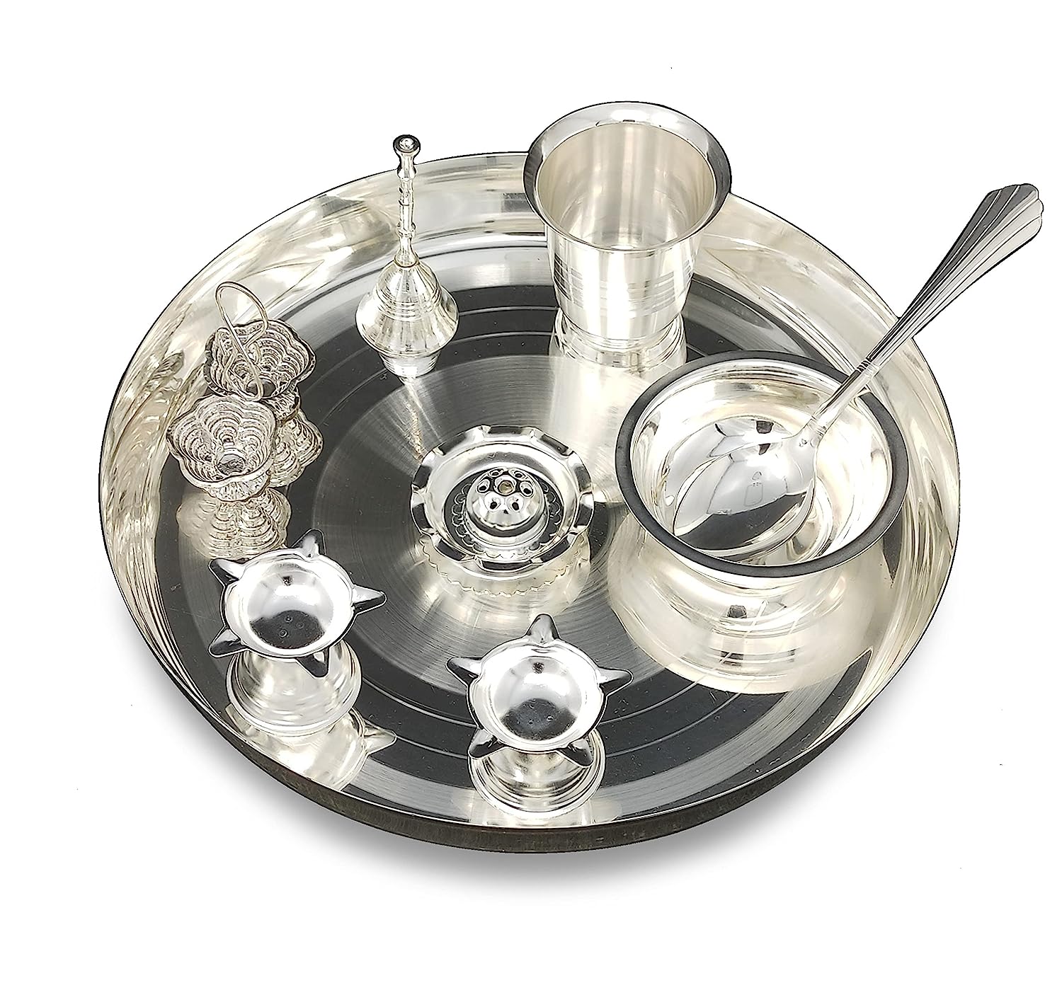 BENGALEN Silver Plated Pooja Thali Set 10 Inch with Accessories Daily Puja Decorative Item for Diwali Home Mandir Office Wedding Return Gift Items