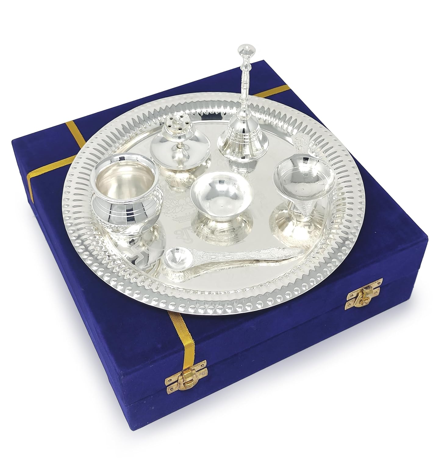 BENGALEN Pooja Thali Set Silver Plated with Gift Box 22 cm Designed Puja Plate Kalash Bowl Ghanti Spoon Dhup Dan Diya for Home Office Diwali Wedding Return Gift Items