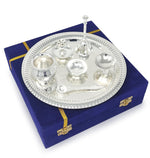 BENGALEN Pooja Thali Set Silver Plated with Gift Box 22 cm Designed Puja Plate Kalash Bowl Ghanti Spoon Dhup Dan Diya for Home Office Diwali Wedding Return Gift Items