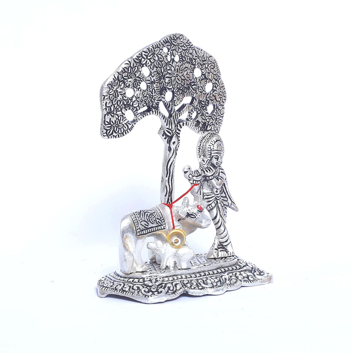 Krishna with cow and calf under tree silver