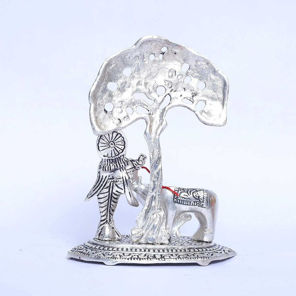 Krishna with cow and calf under tree silver